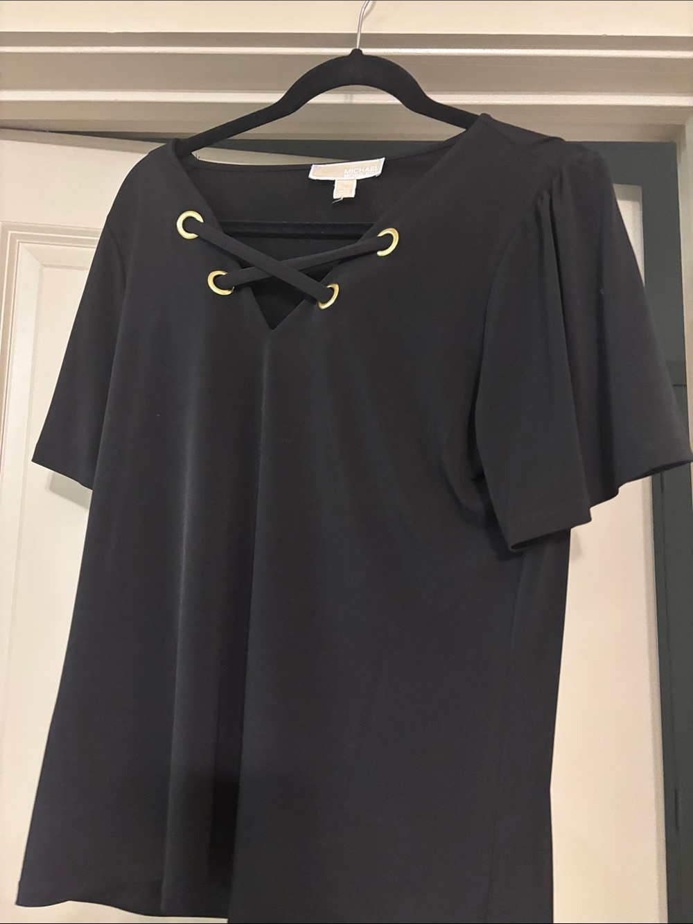 MICHAEL Michael Kors Black Lace-Up V-Neck Short Sleeve Top